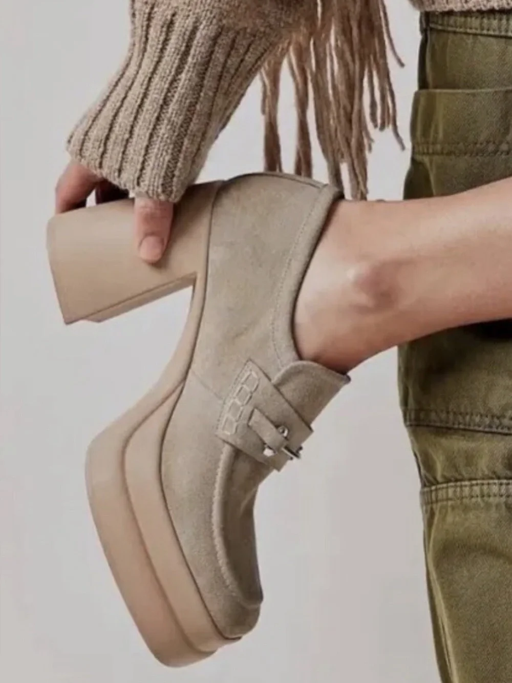 Free People Double Stacked Platform Loafers Tan Suede Horsebit Trim